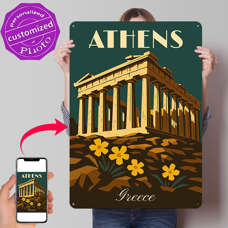 Travel Accessories Greece - Póster Metálico Retro de Atenas, Grecia,